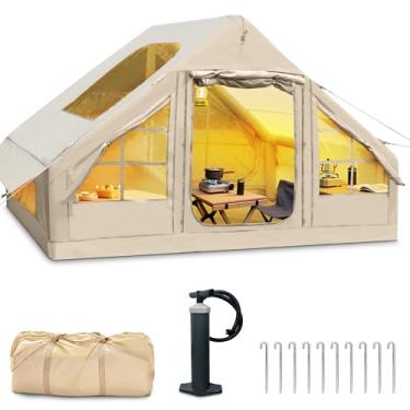 Imagem de Barraca de acampamento inflável ao ar livre, barracas infláveis de glamping para 2/4/6/pessoas para acampamento, tendas de configuração de três minutos, tela bege com janelas de malha à prova de