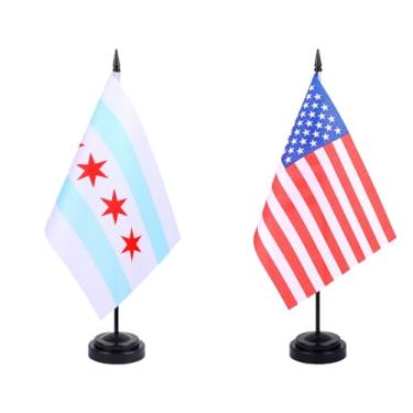 Imagem de JBSJBS EUA Chicago Desk Flag 30.5 cm Solid Pole Deluxe Set US Chicago City Flags Banner Mini Pequenas Bandeiras de Mesa de Escritório do Estado Americano com Base de Suporte Preto Decorações de Mesa