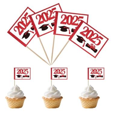 Imagem de TMHTMH 100 peças 2025 tema formatura cupcake palito bandeiras, mini 2025 graduação boné diploma cupcake festa decorações suprimentos, decoração de cupcake coquetel fruta (vermelho)