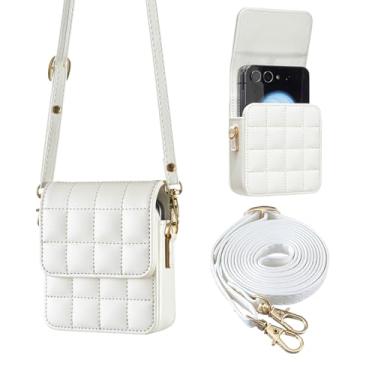 Imagem de KONXISA Capa para Galaxy Z Flip7 / Z Flip 7 FE, capa de celular com material de couro sintético premium, bolsa flip com alça de ombro longa, capa protetora resistente à poeira, branca