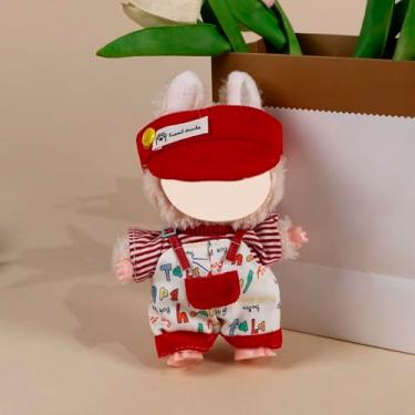 Imagem de Compatível com Labubu 15 cm/17 cm (sem boneca) - Chapéu de veludo cotelê vermelho + top listrado + conjunto de macacão com estampa de letras, acessórios de roupas de boneca (conjunto vermelho)