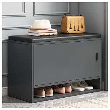 Imagem de Banqueta estofada de madeira maciça nórdica banco de troca de sapatos doméstico simples moderno estofado banco de sapato simples à prova de poeira pode sentar armário de sapatos 60 x 30 x 50 cm, preto