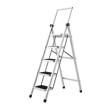 Imagem de Escadas dobráveis com 3 degraus Escada de metal resistente Escada dobrável portátil com corrimãos telescópicos redondos e degraus antiderrapantes escada resistente (cor: branco) (branco)