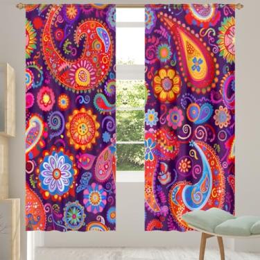 Imagem de 2 conjuntos de painéis étnicos Paisley roxo colorido cortinas transparentes arejadas com filtro leve painéis de cortina leve cortina de porta janela para sala de estar, quarto, jantar, 84 polegadas de