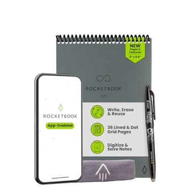 Imagem de Rocketbook Flip - com 1 caneta Pilot Frixion e 1 pano de microfibra incluído - capa cinza, tamanho executivo (15 x 22 cm)