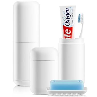 Imagem de Hordely Recipiente de sabão de viagem, estojo de viagem portátil para escova de dentes com copo de enxaguante bucal, barra de sabonete, conjunto de suporte de escova de dentes para viagens, banheiro