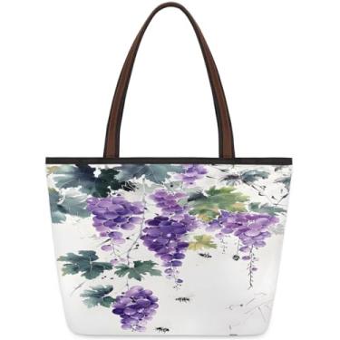 Imagem de Sacola grande feminina aquarela uva abelha trabalho sacos de pano com zíper reutilizável mercearia bolsa casual viagem pernoite tote bolsas adequadas para viagens, trabalho, férias, praia, compras