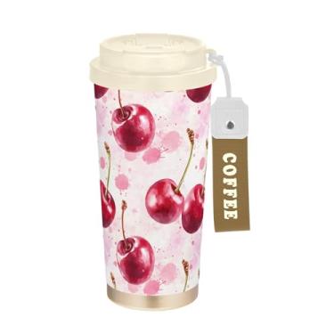 Imagem de SEHANY Caneca de viagem de cereja fofa de 482 g Copos de café reutilizáveis revestidos de cerâmica com tampa à prova de vazamento, parede dupla, isolamento a vácuo, copo de café de aço inoxidável para