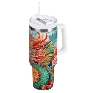 Imagem de xigua Copo vintage com estampa de dragão 1,134 g com tampa e canudo, aço inoxidável de vácuo duplo isolado garrafa de água esportiva suporte para copo de café de viagem à prova de vazamento para