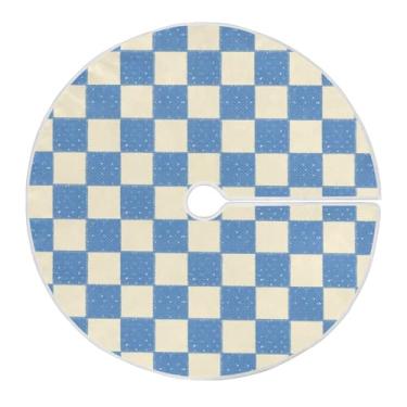 Imagem de Blueangle Saia de árvore de Natal xadrez azul e creme de 120 cm - poliéster macio e resistente a rugas, decoração de férias para festas de Natal, árvore festiva e decoração de casa (341)