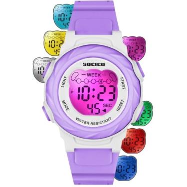 Imagem de SOCICO Relógios digitais infantis para meninas e meninos, 7 luzes coloridas, à prova d'água, para esportes ao ar livre, relógio de pulso com cronômetro, alarme, data, ótimo presente para crianças de 5