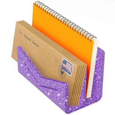 Imagem de Beego Bancada organizadora de envelopes e correios - 2 compartimentos com glitter roxo acrílico organizador de cartas, classificador de arquivos de mesa, suporte de pasta de documentos para escritório