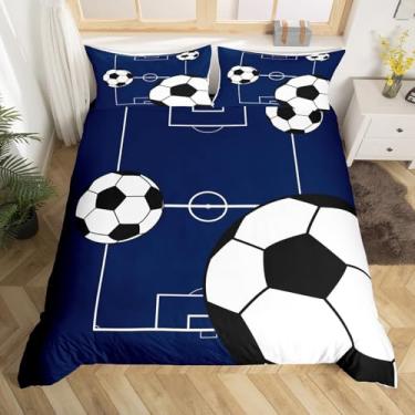 Imagem de Erosebridal Jogo de cama solteiro com estampa de bola de futebol para crianças, meninos, meninas, estampa de bola de futebol, playground, azul, branco