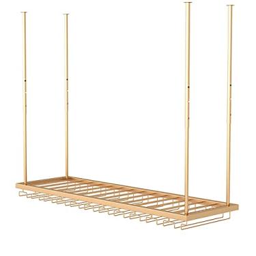 Imagem de APUM Rack de vinho para pendurar no teto, altura e largura ajustáveis, suporte de garrafa de teto de metal, suporte de armazenamento de vinho com prateleira de vidro, para bar