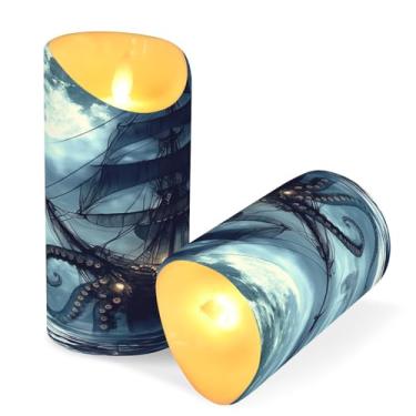 Imagem de ATTX Pacote com 2 velas sem chama para navio pirata – Velas LED de 7,6 cm x 15 cm com controle remoto e temporizador para casa, casamento, decoração de acampamento #774