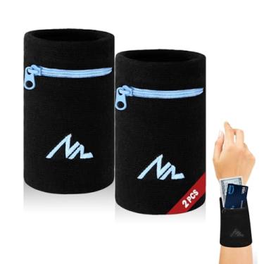 Imagem de NEWZILL Pulseira carteira de pulso com zíper – faixas de suor de algodão para homens e mulheres, ideal para esportes, corrida, caminhada, basquete, futebol, tênis, caminhadas, treino, preto/azul longo