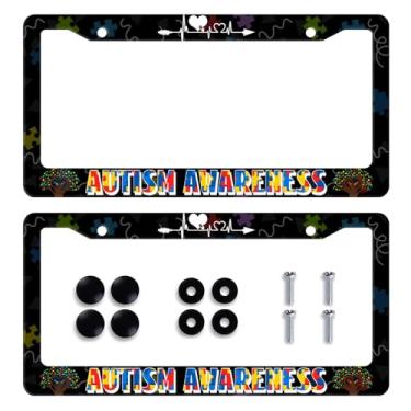 Imagem de Pacote com 2 molduras para placa de licença de conscientização do autismo, quebra-cabeça colorido, acessórios automotivos, aço inoxidável, decoração de placa de licença engraçada para mulheres e