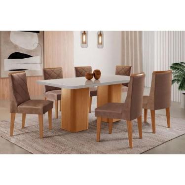 Imagem de Sala Jantar Mesa Maldivas Tampo c/ Vidro Curvo 180cm+6 Cadeiras Pietá Madeira Naturale/Off White - Capuccino/Corano Capuccino - Rufato