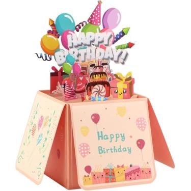 Imagem de 1 cartão pop-up de feliz aniversário, caixa de presente 3D para adultos, crianças, cartão de aniversário com envelopes e etiqueta de anotação, vela em bolo de aniversário, fogos de artifício, cartões