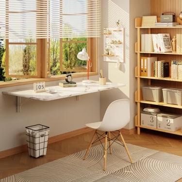 Imagem de IAE Mesa dobrável flutuante montada na parede, mesa de trabalho dobrável para computador de 91 cm x 56 cm com suportes de prateleira de madeira e metal projetados, design dobrável e flutuante para