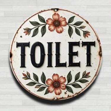 Imagem de Placa de vaso sanitário com arte floral vintage rústica alumínio metal placa de parede redonda, 20 cm, presentes internos e externos e decoração para casa, escritório, café e fazenda
