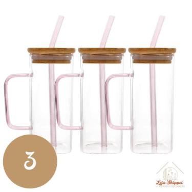 Imagem de Copo de Vidro Quadrado 350ml com Alça e Tampa Bambu e Canudo - TOP ÚTI
