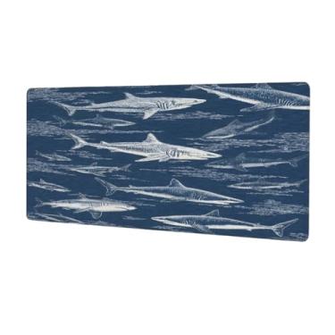 Imagem de Tapete de rato grande com arte azul tubarão à prova d'água para computador tapete protetor de mesa com base de borracha antiderrapante para escritório, computador, teclado, laptop e mesa de casa