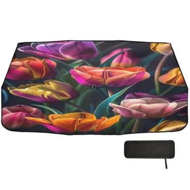Imagem de Toldo de carro dobrável colorido tulipas para-brisa bloco UV guarda-sol carro 147.3 cm x 75.4 cm persiana retrátil para janela de carro