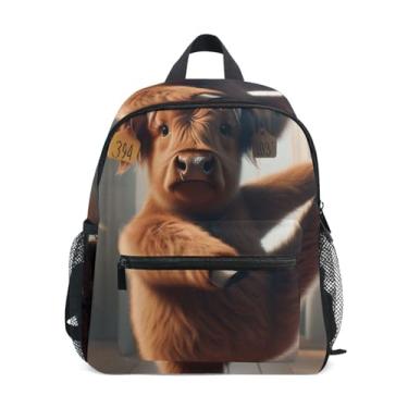 Imagem de Highland Cow Yoga Cattle Funny Simple Modern Toddler Backpack, 10x4x12 In, Mini Backpack for Boys Includes Water Bottle Pockets, Whistle Clip for Safety