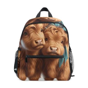 Imagem de GAIGEO Cute Highland Cows Couples Valentine Mini Kids Backpack Kindergarten Backpack for Girls with Front Pocket, Safety Whistle for Ages 3-8