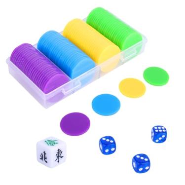 Imagem de Conjunto Fichas Mahjong, 100 Peças Moedas Pontuação Mahjong Plástico Colorido com Indicador e 3 Dados Acessórios de Jogo em Caixa Transparente (4 Cores Vibrantes)