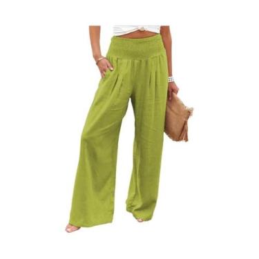 Imagem de Calças Casuais Femininas De Perna Larga Com Cordão Na Cintura Média Es