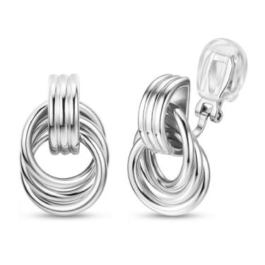 Imagem de ORAZIO Brincos femininos com clipe geométrico, exclusivos, não perfurados, banhado a ouro 14 quilates, nó grosso, brincos de argola com pingente de argola para mulheres, modernos, Cobre, Sem pedra