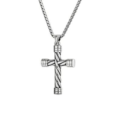 Imagem de LUSKINNO Colar de cruz cilíndrica 3D para homens, pingente de crucifixo de aço de titânio com corrente de cabo