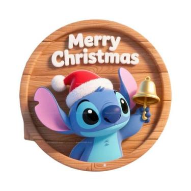 Imagem de Feliz Natal Placa Redonda Personalizada De Madeira Com Tema Disney Sti