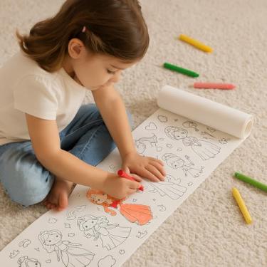 Imagem de Rolo Adesivo Infantil para Colorir Tema Princesas Destacável 3m x 30 cm Brinquedo Educativo para Crianças a Partir de 3 Anos Desenho Para Pintar Presente Colável Parede Chão Superficie Plana