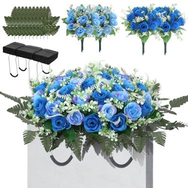 Imagem de Lodou Selas de flores artificiais de cemitério para túmulos – 10 peças de samambaia de seda e 40 flores rosas realistas com suporte de lápide de metal – Flores de memorial resistentes para decoração