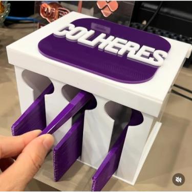 Imagem de Porta Colheres para Açaiteria e Sorveteria, Branco e Roxo, 12x16x12cm, Organizador de Talheres