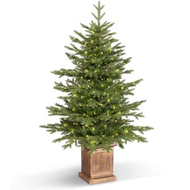 Imagem de Jin&Bao Árvore de Natal em vaso de 1,8 m com 100 luzes, árvore de Natal artificial para decoração externa, temporizador de 8 modos, à prova d'água, com pontas reais e galhos redondos para porta da