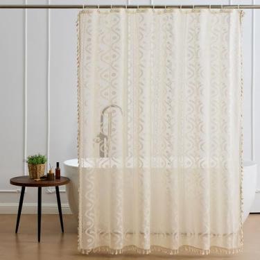 Imagem de WAZZIO Cortina de chuveiro de renda bege para banheiro 183 cm L x 183 cm C, Vintage Vitoriana Neutro Boho Padrão Floral Acabamento Borla Cortina de Chuveiro Transparente com 12 ganchos de plástico, 1