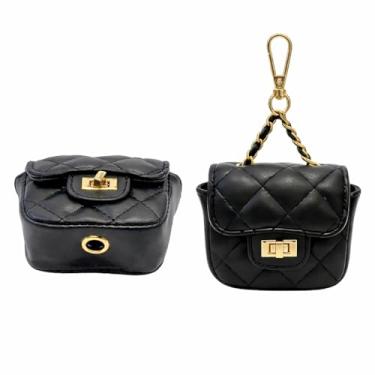 Imagem de Porta-saco de cocô de cachorro de luxo de designer para coleira, dispensador de saco de lixo de cachorro, bolsa pequena para cachorros, mini chaveiro (BlackQuilt)