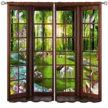 Imagem de Cortinas de janela de paisagem, janela 3D, animais da floresta, lago, primavera, floresta, vida selvagem, natureza, paisagem, tratamentos de janela para quarto, sala de estar, cozinha, casa, quinta