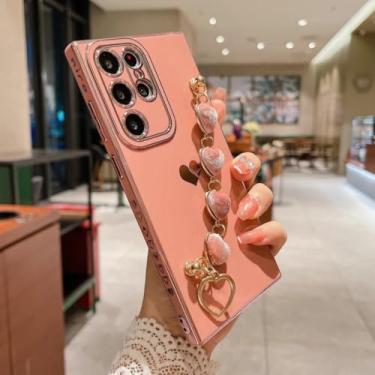 Imagem de HJZSZX Capa luxuosa com revestimento em forma de coração e pulseira para Samsung S24 Plus (para Samsung S24 Plus/rosa)