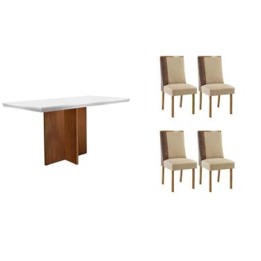 Imagem de Conjunto: Mesa Sala Jantar Berlim c/ Tampo Madeirado c/ Vidro Canto Curvo 120x80cm e 4 Cadeiras Tilia Naturale/Off White - Linho Bege - Rufato