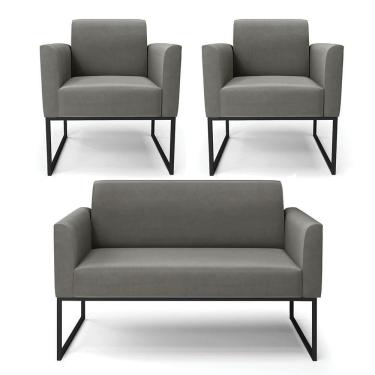 Imagem de Sofá Namoradeira Com 2 Poltronas Base Industrial Preto Marisa Suede Cor Grafite
