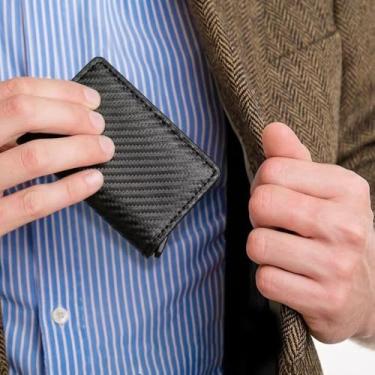 Imagem de Carteira masculina inteligente pop-up | Suporte para cartão de fibra de carbono com bloqueio RFID ultrafino 9-14 compartimento para dinheiro, Preto, Retrô