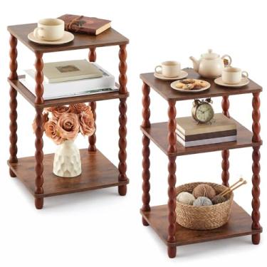 Imagem de Fiwochic Conjunto de 2 mesas laterais, mesa de canto pequena de 3 camadas com prateleira de armazenamento, mesa de cabeceira moderna para sala de estar, quarto, escritório e espaços pequenos (quadrado