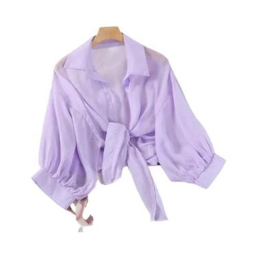 Imagem de Blusa Feminina Branca De Chiffon Solta Elegante Cor Sólida Com Amarraç