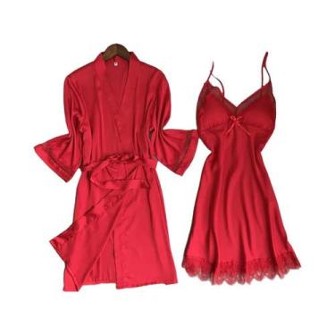 Imagem de Conjunto De Camisola Sexy De Cetim Com Renda Para Mulheres, Pijamas Ma