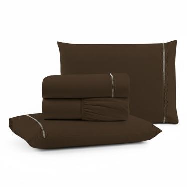 Imagem de Jogo De Lençol Casal Padrão Premium Soft 600 Fios Micropercal Marrom Ponto Palito Toque Macio 4 Peças